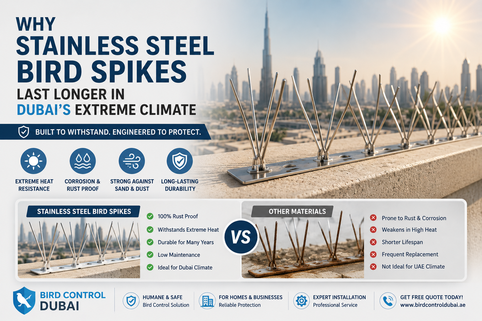 Why Stainless Steel Bird Spikes Last Longer in Dubai