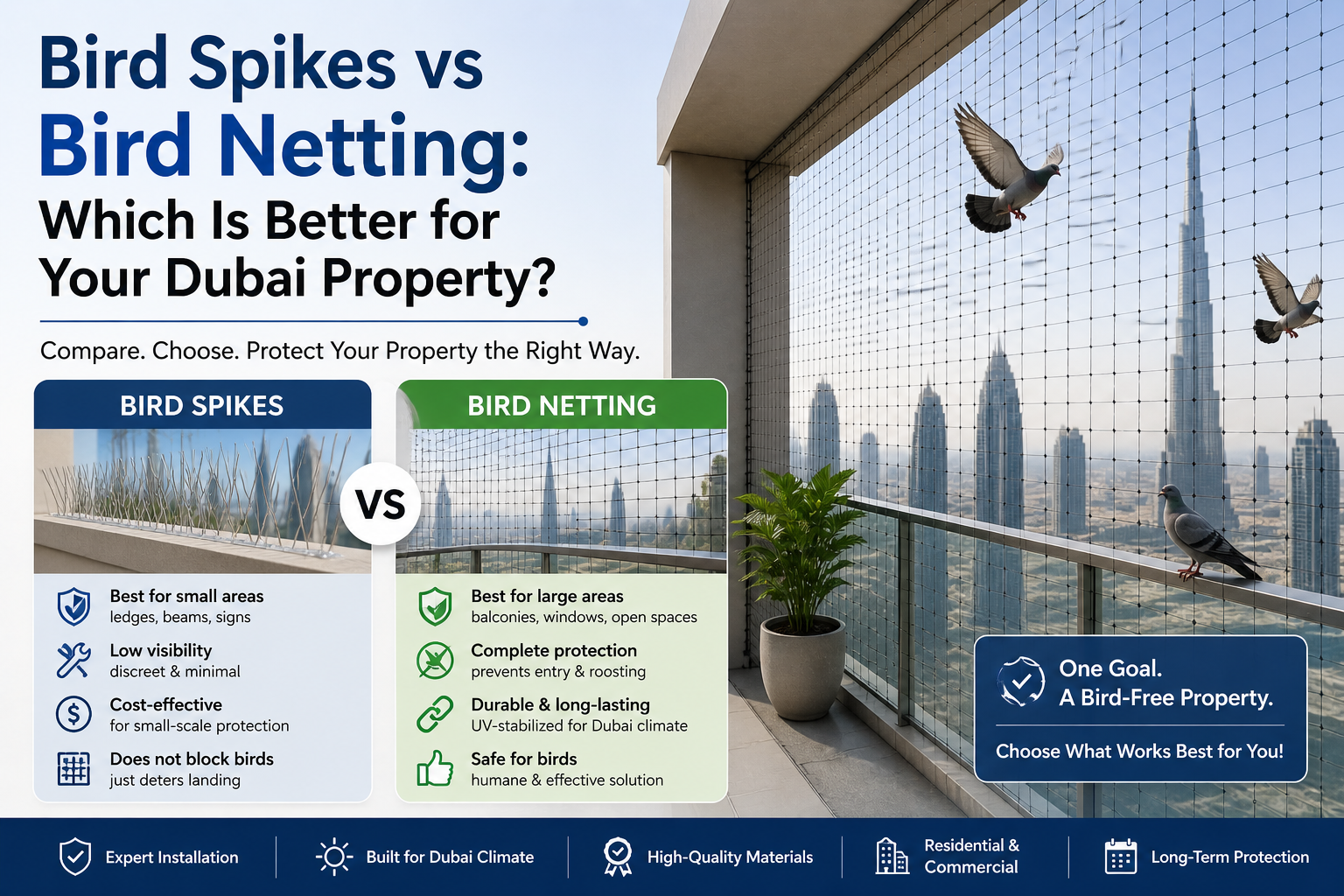 Bird Spikes vs Bird Netting: Which Is Better for Your Dubai Property?